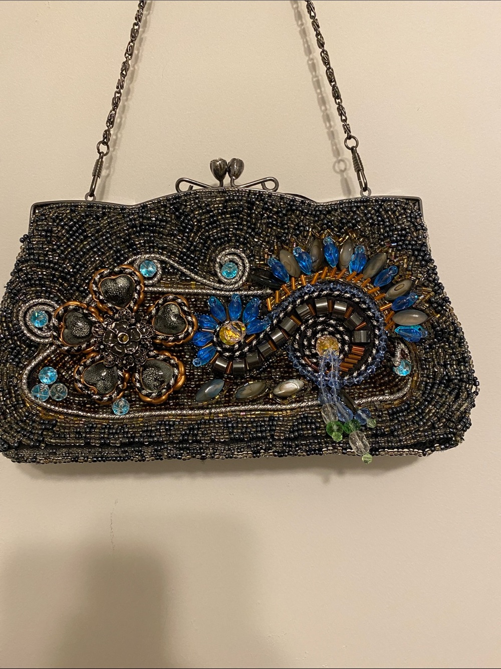 Embellished Black Clutch with Blue Crystal Floral Accent